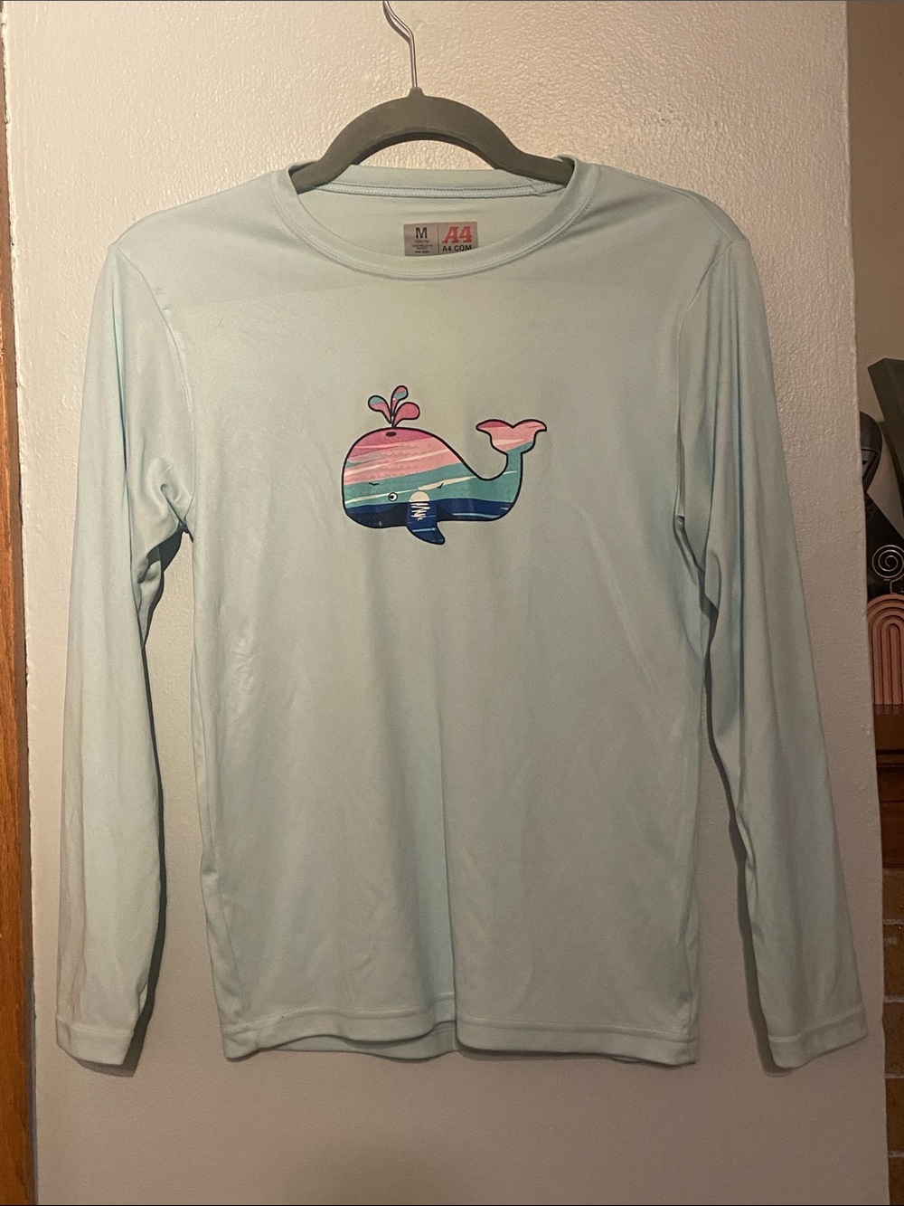 Youth size M rash guard swim top by A4 Blue Long-Sleeve Whale Graphic Tee. EUC